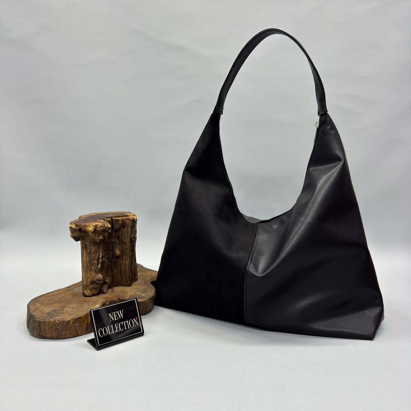 Kadın Çift Dokulu Süet & Vegan Deri Hobo Omuz Çantası