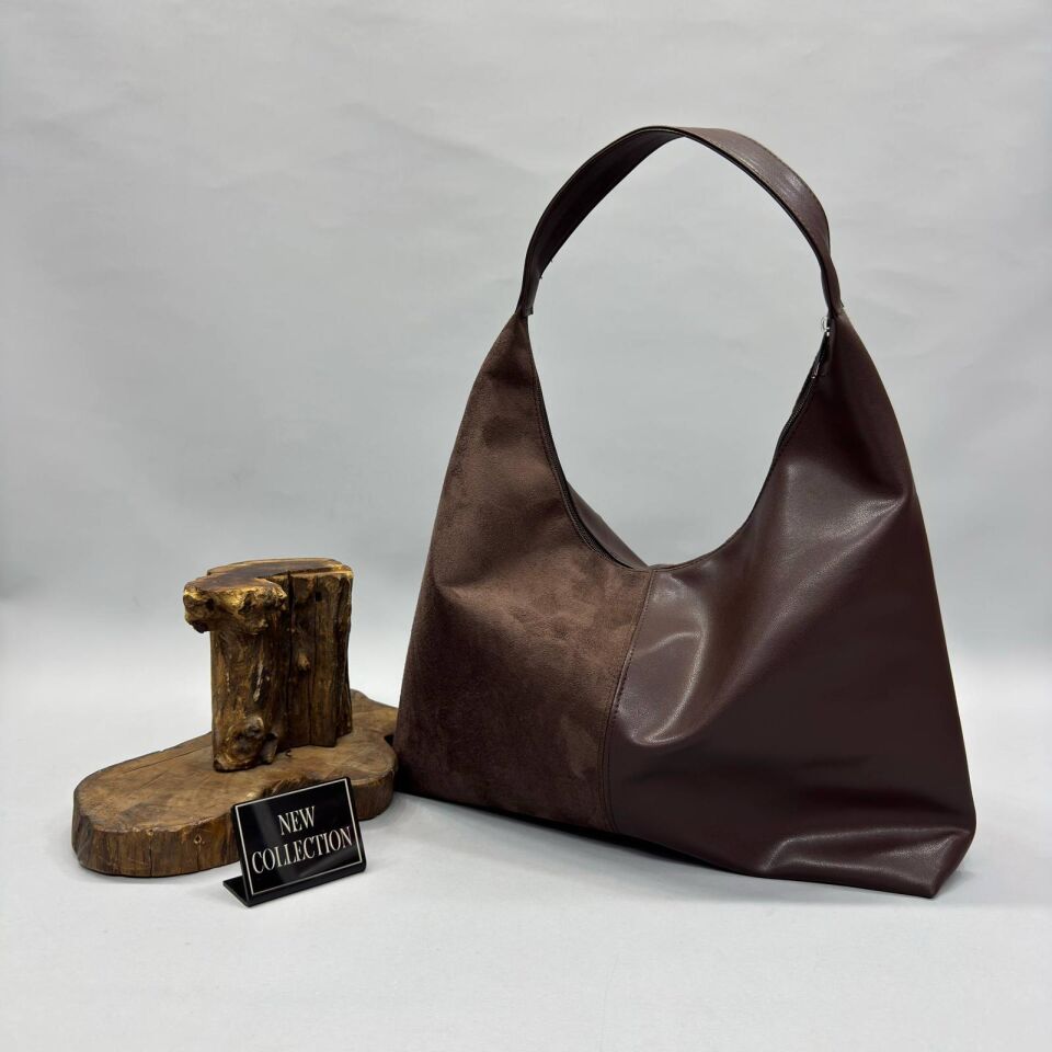 Kadın Çift Dokulu Süet & Vegan Deri Hobo Omuz Çantası