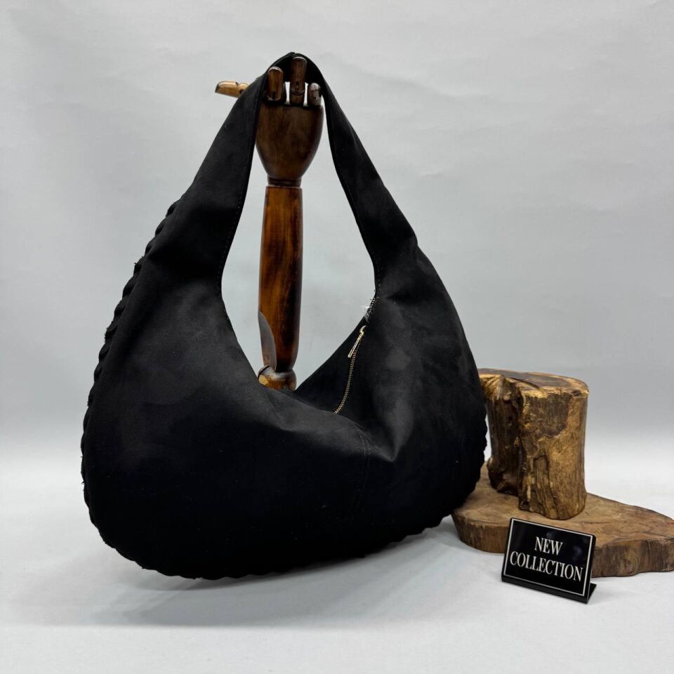 Bahwar Örgü Kenarlı Oval Süet Hobo Çanta